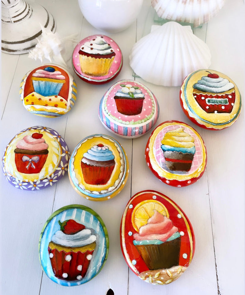 CUPCAKE AND COLOUR FUN 5 - decorative painted rock by Christine Onward (POSTAGE COST INCLUDED)