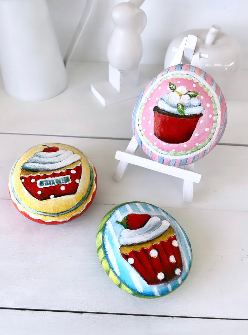 CUPCAKE AND COLOUR FUN 1 - decorative painted rock by Christine Onward (POSTAGE COST INCLUDED)