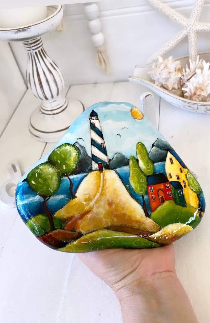 LIGHTHOUSE OF THE SOUTHERN SEAS- naive art painted rock by Christine Onward (POSTAGE COST INCLUDED)