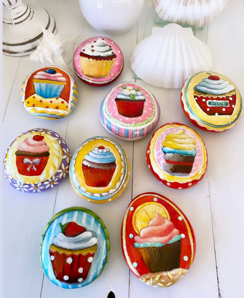 THE CUPCAKE MADNESS COLLECTION- 9 decorative painted rocks by Christine Onward (POSTAGE COST INCLUDED)