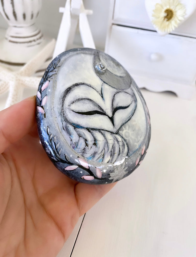 DREAM WITH A SILVER MOON- fantasy owl painted rock by Christine Onward (POSTAGE COST INCLUDED)