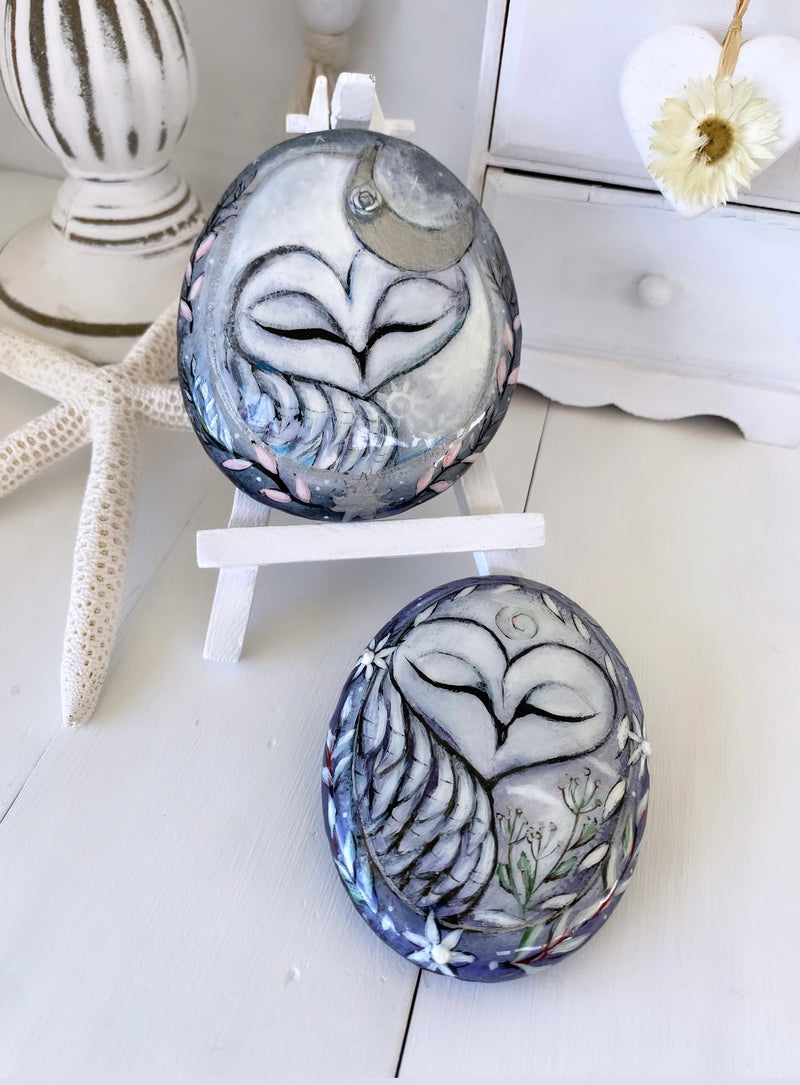 DREAM WITH A SILVER MOON- fantasy owl painted rock by Christine Onward (POSTAGE COST INCLUDED)