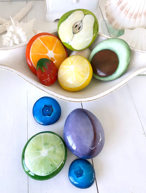 THE FRUIT PARTY COLLECTION- 9 fun decorative painted rocks by Christine Onward (POSTAGE COST INCLUDED)